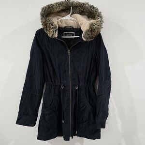 Y2K Vintage Apt 9 Womens Jacket Size Small Faux Fur Lined Hood Blue Long Preppy